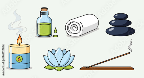 A serene spa illustration featuring various relaxation and wellness elements in a flat design style