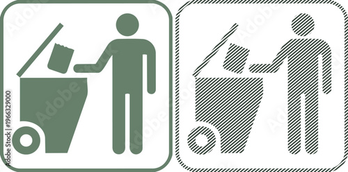 Recycling Sign showing Person Disposing Trash into Bin, Vector Icon Set