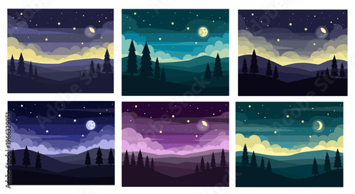 A set of six vector graphic illustrations depicting serene nighttime landscapes with starry skies and silhouetted trees.