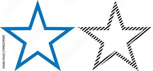 Star shapes with blue outline and black hatched texture isolated on white background