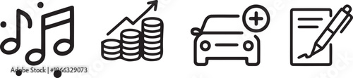 Music, Finance Growth, Vehicle Add and Edit Document Icons Set. Business and Media Management Vector Icons Collection.