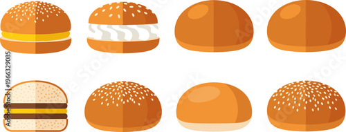 Burger Bun and Sandwich Bread Icon Set with Sesame Seed Variations for Fast Food Design, Bakery Products, and Restaurant Menu Illustration