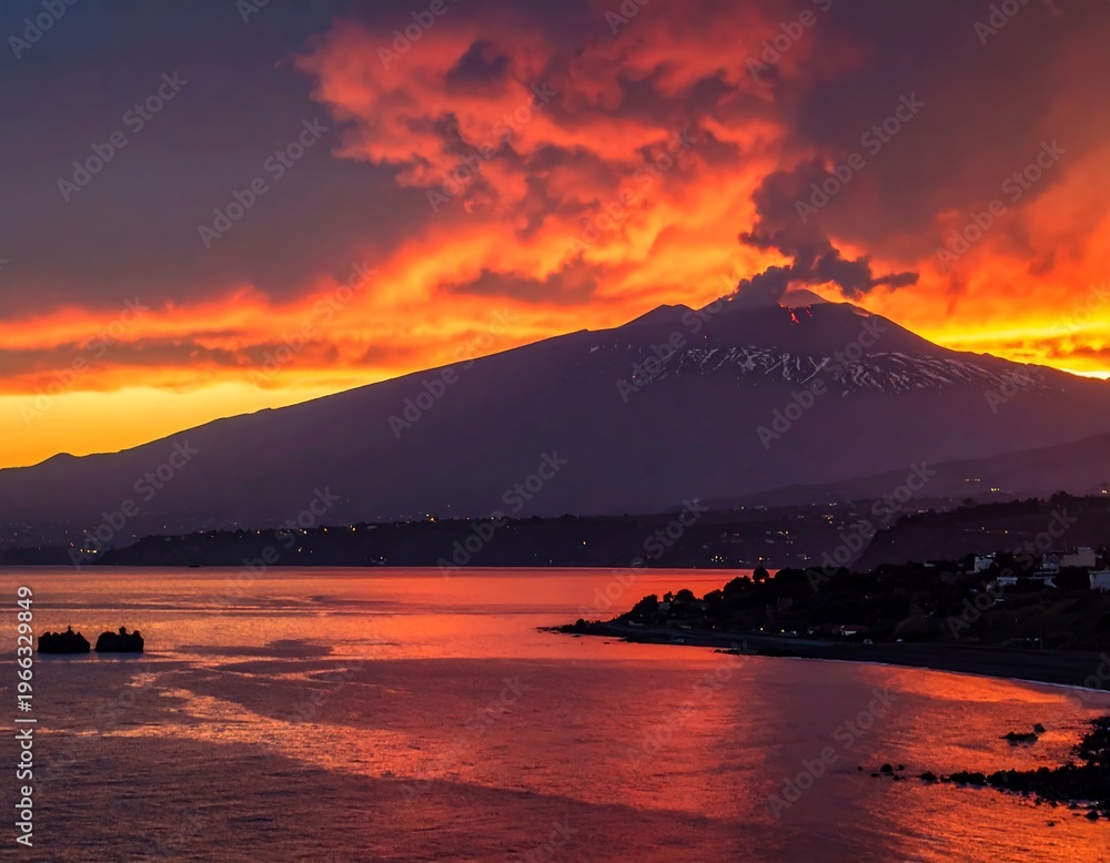 Fototapeta premium Dramatic sunset illuminates volcanic mountain over calm ocean with coastal views
