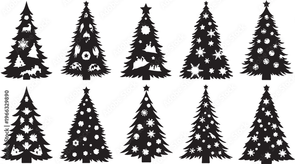Obraz premium Christmas Trees Decorated with Ornaments and Lights Silhouette