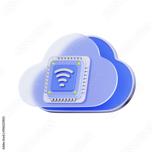 3D illustration of cloud chip with wifi signal for edge computing, iot connectivity, wireless processing, smart devices, and remote networks.