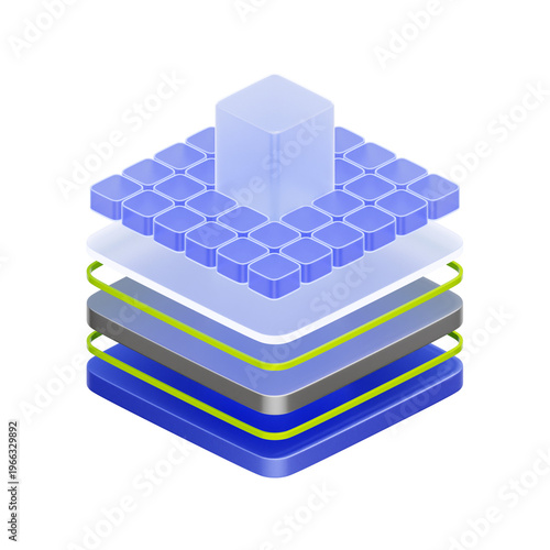 3D illustration of isometric layers for software architecture, tech stack, platform structure, development framework, and system design.