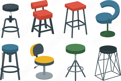 Flat vector collection of modern bar stools and chairs featuring various industrial, minimalist, and contemporary furniture designs for interior decor, cafe, and home office lifestyle projects.