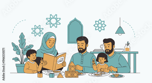 Family Reading Together at Dinner Table