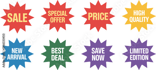 Set of colorful sale tags and promotional starburst stickers for retail discounts special offers and ecommerce marketing banners.
