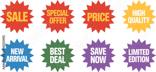 Set of colorful sale tags and promotional starburst stickers for retail discounts special offers and ecommerce marketing banners.