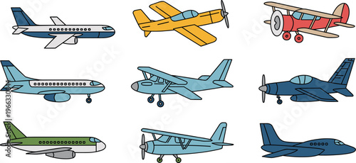 Vector illustration set of commercial jetliners private jets and vintage propeller planes for aviation transportation and world travel design projects.