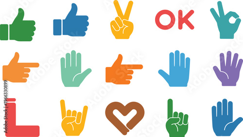 Set of colorful hand gesture icons featuring thumbs up peace sign pointing and heart for social media communication and interface design.