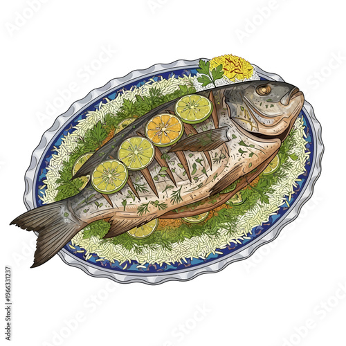 Whole roasted fish served on a decorative platter with lemon and orange slices, garnished with herbs.