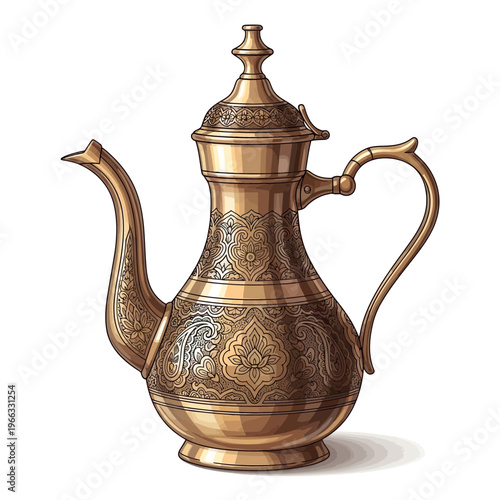 Antique Brass Dallah Coffee Pot with Ornate Engravings