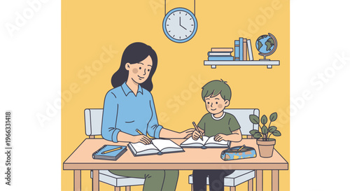 mother helping child with homework at home