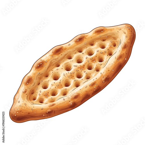 Flatbread with sesame seeds and dimples, isolated on white background