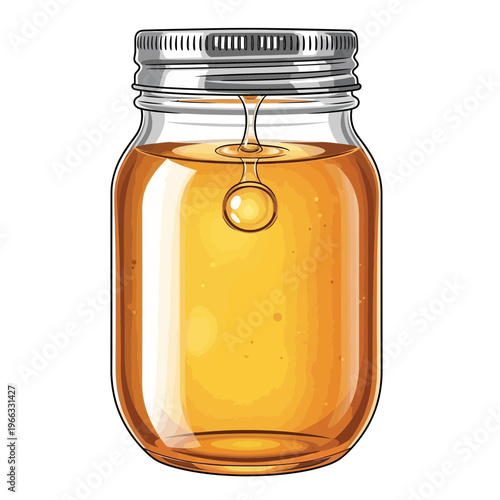 Glass jar filled with golden honey, drop falling from lid