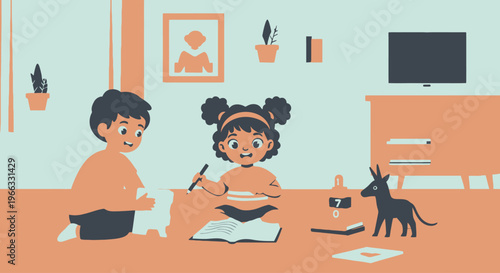 Children studying at home with cat