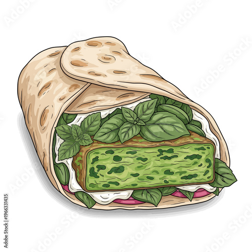 Green healthy wrap with fresh basil and cream cheese filling