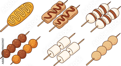 Street Food Skewer Icon Set with Corn Dog, Grilled Snacks, Meatballs, and Marshmallow Sticks for Fast Food and Festival Illustration Design