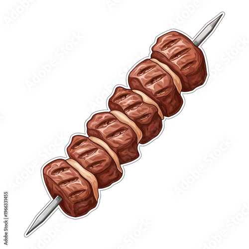 Grilled beef skewer with onion rings on metal spit, isolated on white background.