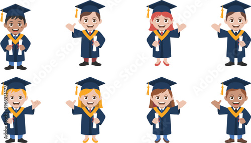 Flat vector illustration set of diverse happy graduates in caps and gowns holding diplomas celebrating university graduation ceremony success.