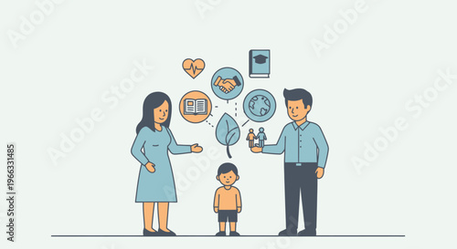 Family discussing financial planning and eco friendly living