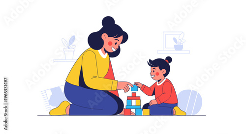 Mother and child building with colorful blocks on floor