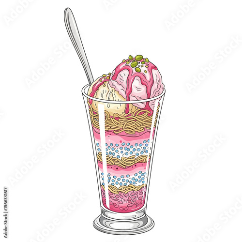 Layered ice cream sundae with fruit sauce and nuts in a tall glass