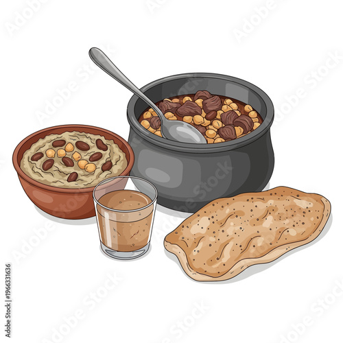 Middle Eastern Food: Hummus, Stew, Bread, and Drink