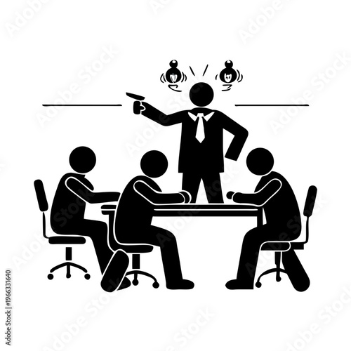 Aggressive boss shouting and pointing at employees in a meeting room during a very stressful corporate conflict.