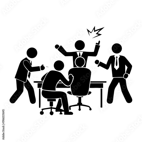 Aggressive boss shouting and pointing at employees in a meeting room during a very stressful corporate conflict.
