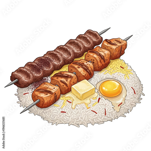 Persian kabob and rice dish with egg and butter illustration