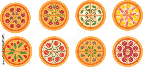 Set of flat vector pizza illustrations with various toppings for Italian restaurant menus food delivery services and pizzeria branding design projects.