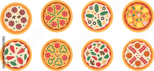 Set of flat vector pizza illustrations with various toppings for Italian restaurant menus food delivery services and pizzeria branding design projects.