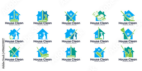 Modern house clean logo set featuring home and sparkle elements, ideal for cleaning services, housekeeping brands, and sanitation companies.