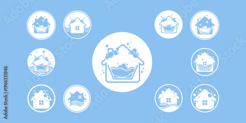 Modern laundry logo set featuring bubbles, water, and washing symbols, ideal for laundromat businesses and professional cleaning services.