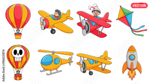 Colorful cartoon airplanes and hot air balloon with cheerful characters Vector