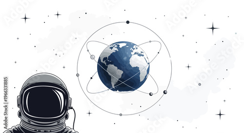 Illustration of an astronaut in space with Earth and stars for International Day of Human Space Flight poster or educational awareness events