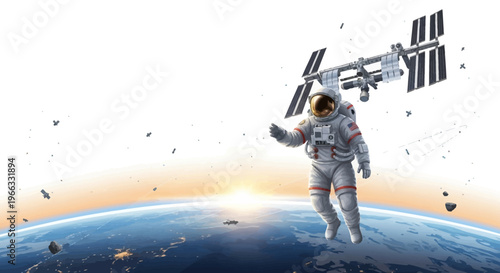 Astronaut floats in space near the International Space Station with Earth below during sunrise, surrounded by debris and stars
