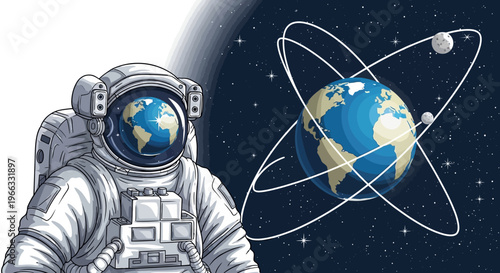 An astronaut in a spacesuit looks at Earth and its orbiting planets against a starry night sky with a peaceful and educational theme for space awareness
