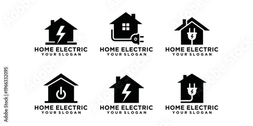 Collection of home electricity and smart energy icons including power button, plug house, and lightning symbols in minimal flat design.