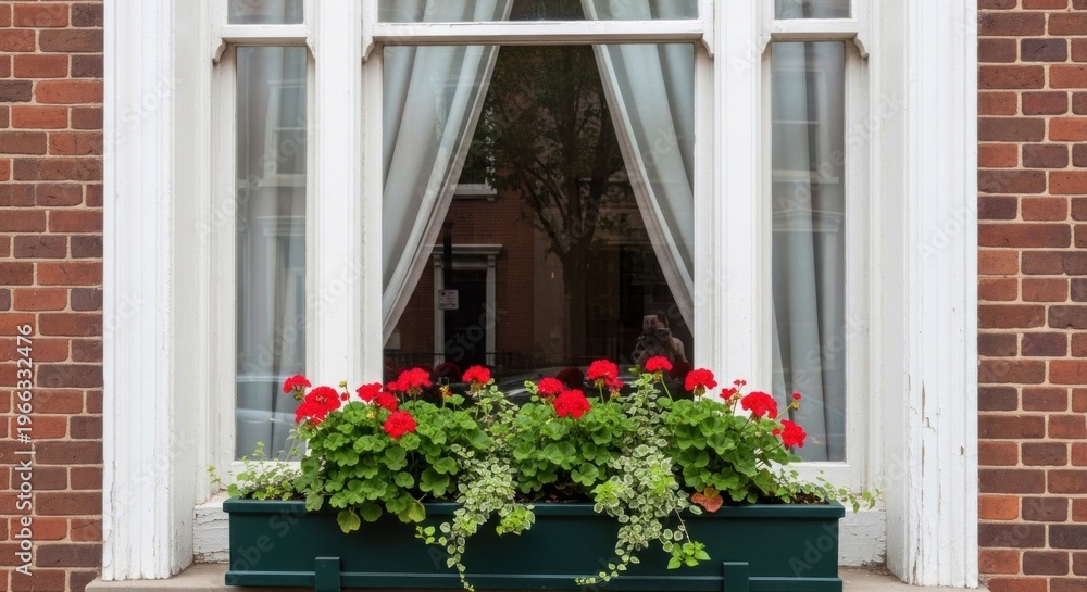 Fototapeta premium A red and green flower arrangement in a green planter box on a brick wall.