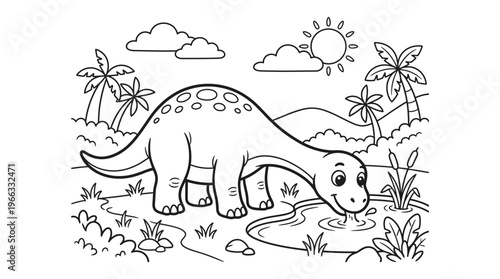 Dinosaur drinking from a stream slowly.