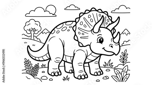 Smiling cartoon triceratops dinosaur creature.