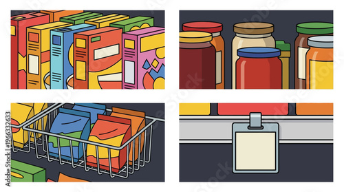 A collection of four panels showing various grocery store items including cereal boxes, jars, packaged goods in a basket, and a shelf label.