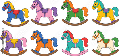 Colorful wooden rocking horse toy vector set for nursery decor children playroom design cute baby shower clip art collection, 18 words.C