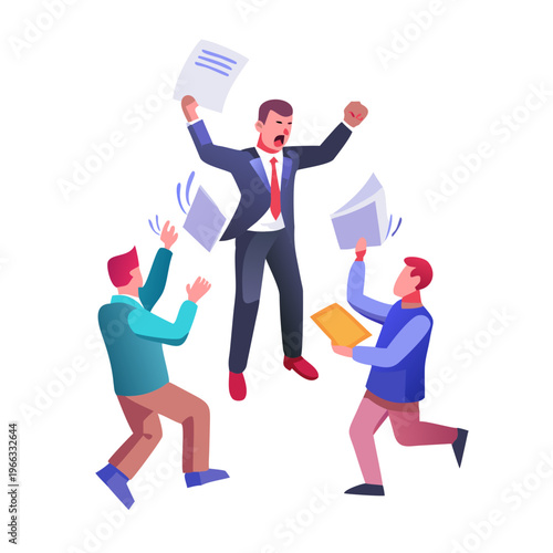 Angry furious job boss concept. Shouting red aggressive angry man director standing with hands raised and kicking out workers with heaps of documents vector ... See More
