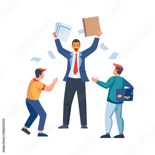 Angry furious job boss concept. Shouting red aggressive angry man director standing with hands raised and kicking out workers with heaps of documents vector ... See More
