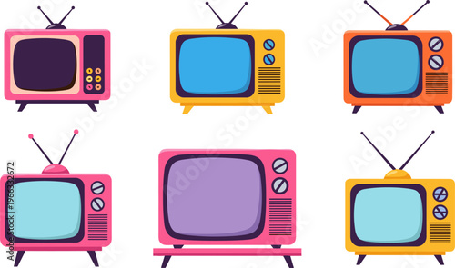 Retro Television Icon Set with Vintage TV Screens in Colorful Cartoon Style for Media, Broadcasting, and Nostalgic Entertainment Design Elements